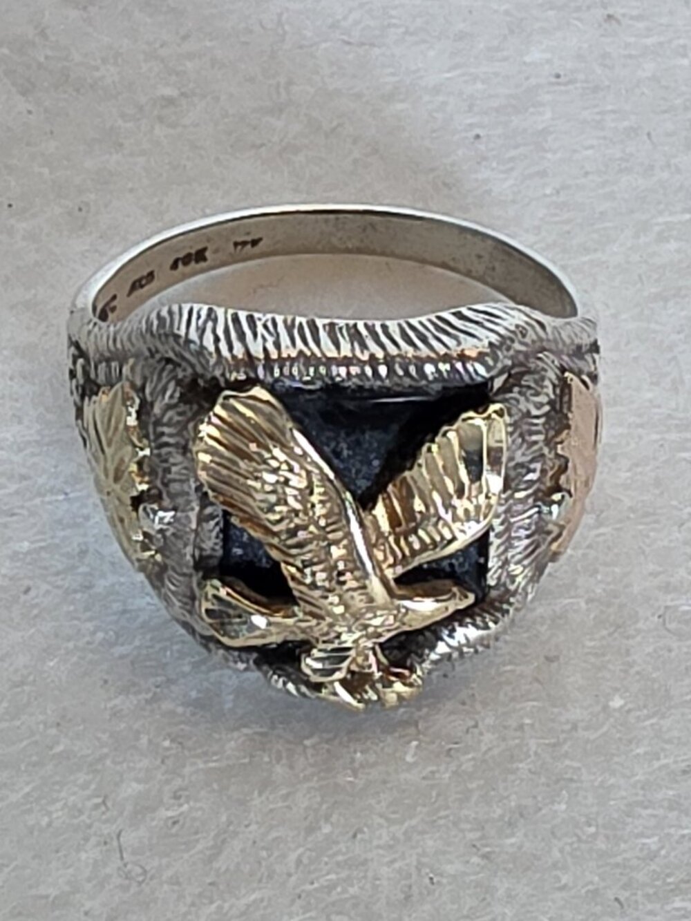 Bold Vintage Black Hills 10, 12k Gold Sterling Silver Black Onyx Eagle Statement